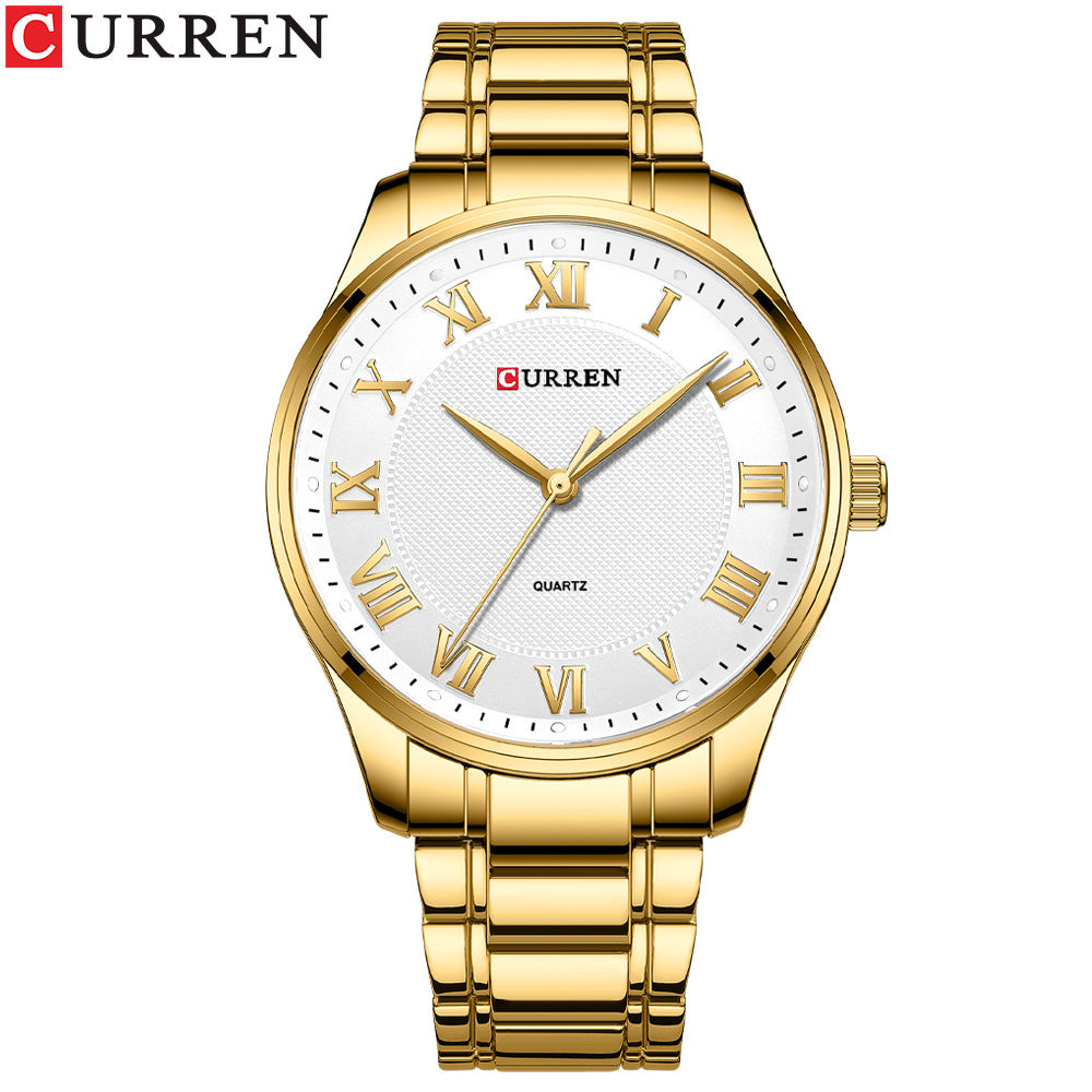 CURREN men's quartz watch with gold-tone steel bracelet and white dial with gold Roman numerals