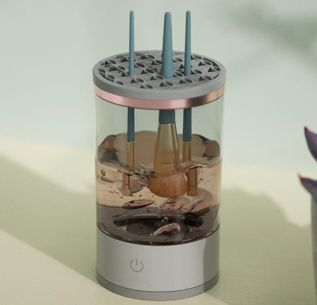 Electric makeup brush washer with clear water chamber and upright drying posts