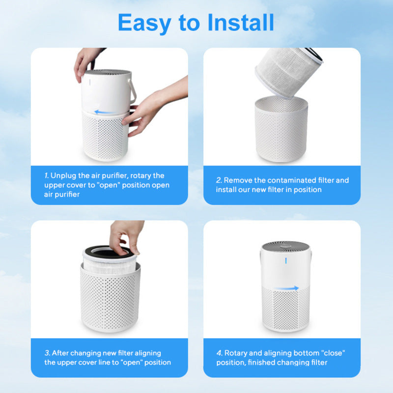 White air purifier with step-by-step filter installation shown in four panels
