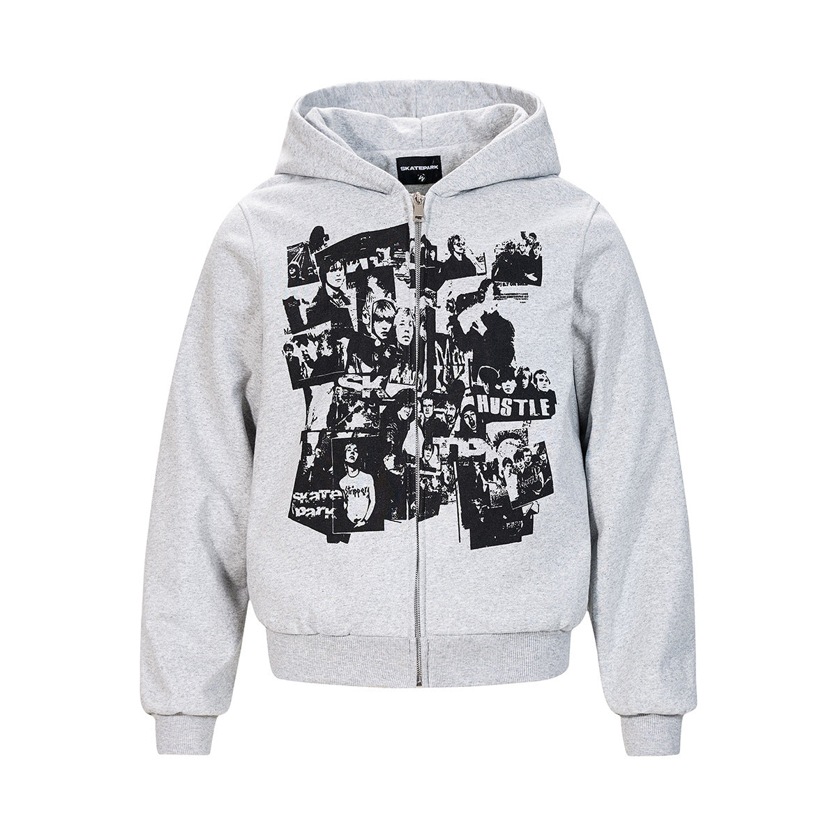Light gray zip-up hoodie with black graphic collage and hood