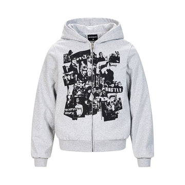 Light gray zip-up hoodie with black graphic collage and hood