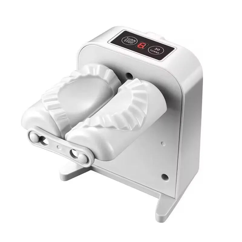 White electric dumpling maker with molded dumpling skin press and digital display