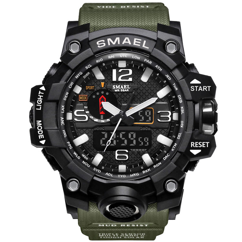 Men's digital LED sports watch with army green silicone strap and black rugged case
