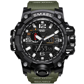Men's digital LED sports watch with army green silicone strap and black rugged case