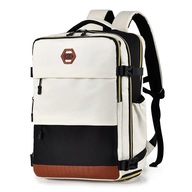 Color-block backpack bag with white front, black base, brown bottom, and front pockets