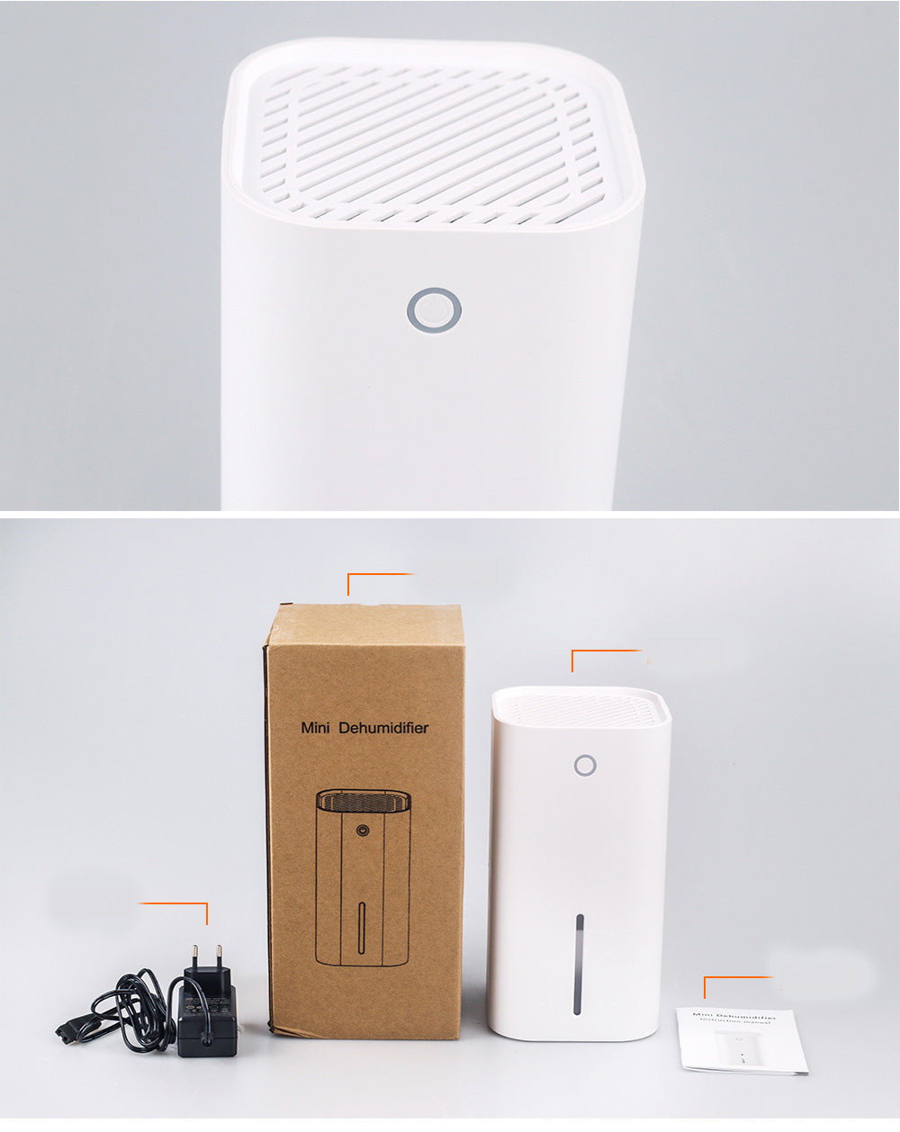 White mini electronic dehumidifier with top vent, power button, and water tank window