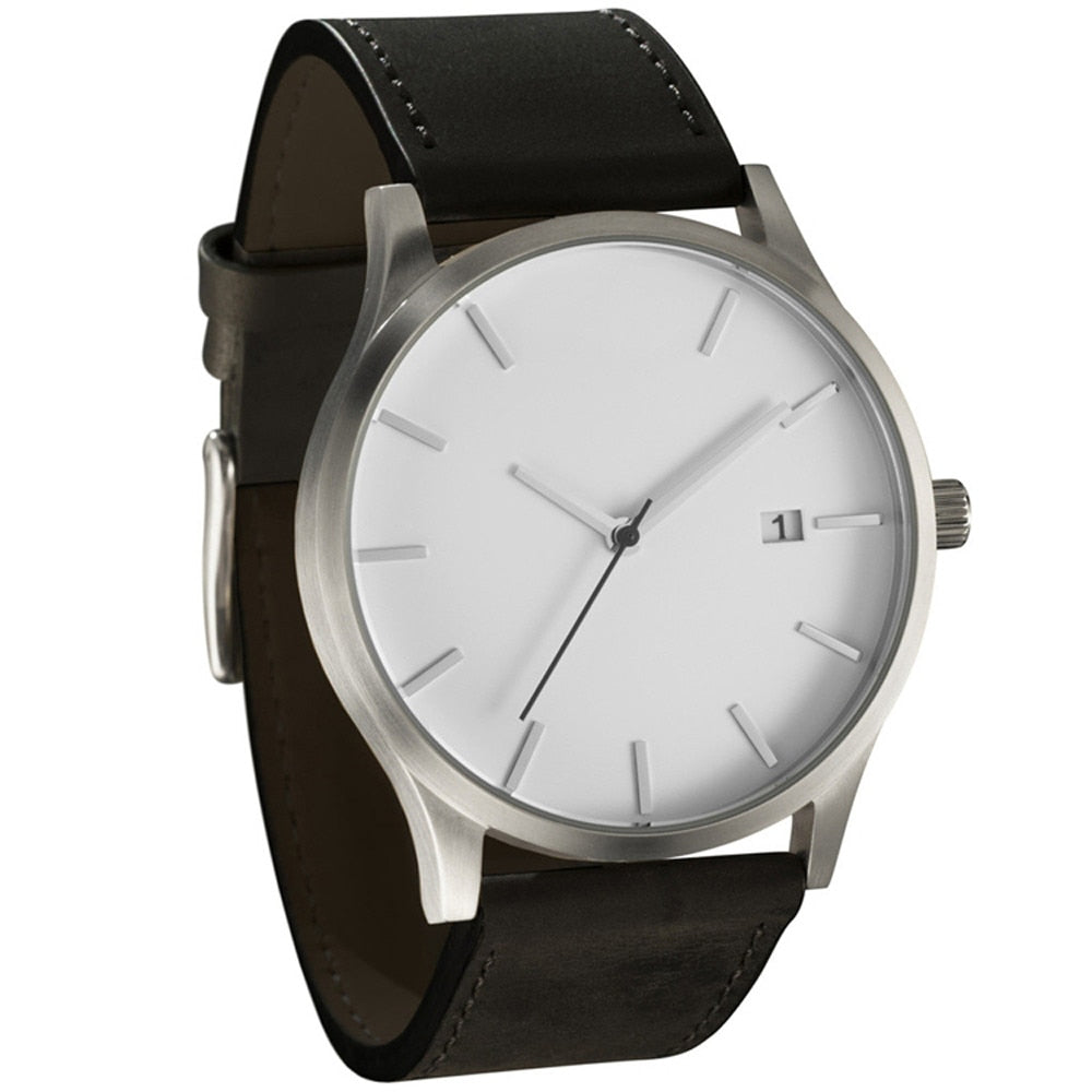 Men's fashion watch with white dial and black leather-style strap, silver-tone case.