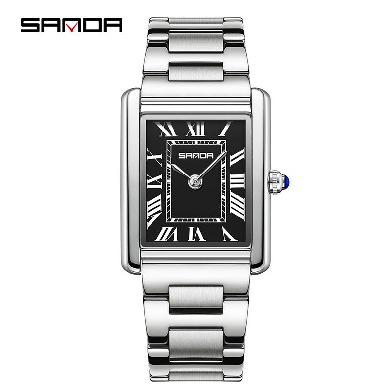 Square Roman numeral quartz wristwatch with silver metal bracelet and black dial, blue hands