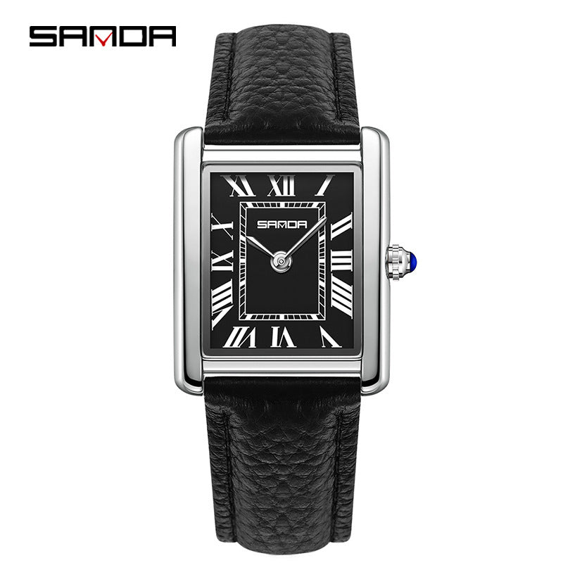 Square quartz watch with black leather strap and silver case; dark Roman numeral dial.