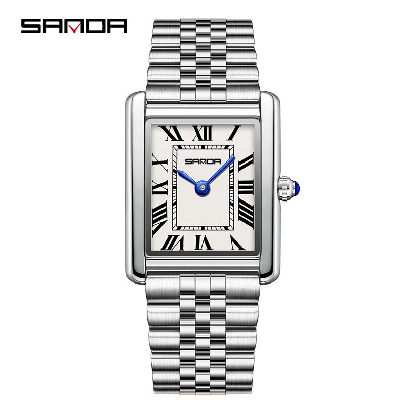 Square Roman numeral quartz wristwatch with silver metal bracelet and light dial, blue hands