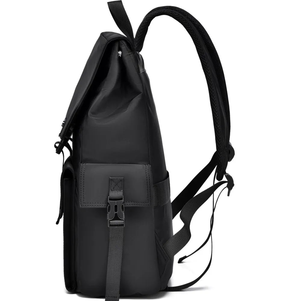 Black PU leather backpack from the back with central vertical pocket and adjustable shoulder straps