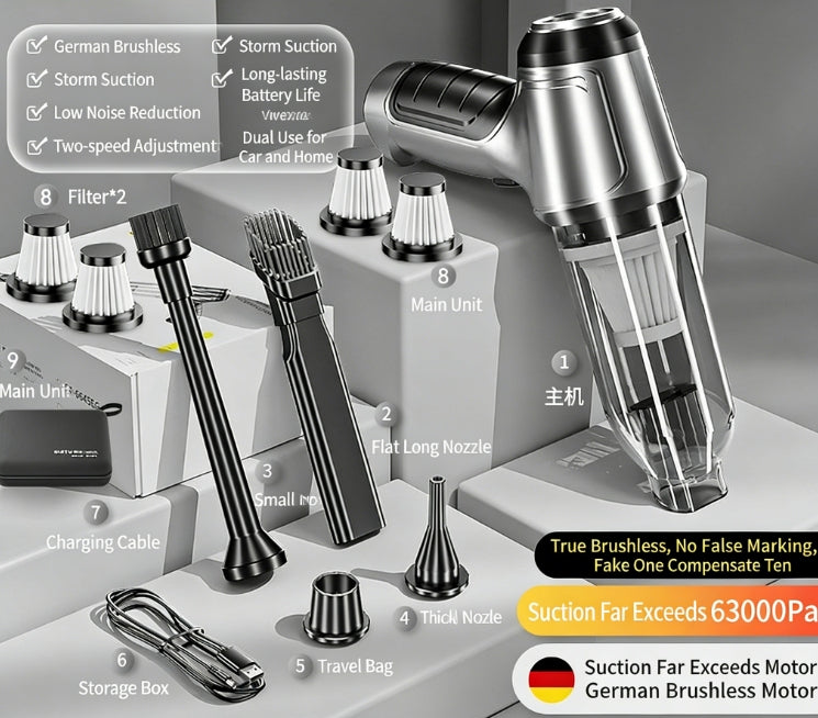 Handheld cordless vacuum cleaner kit with 8-piece nozzle set and main unit