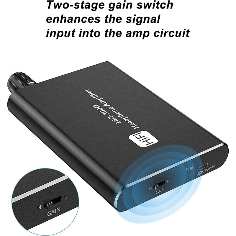 Black headphone amplifier showing front edge, USB/power port, and gain indicator