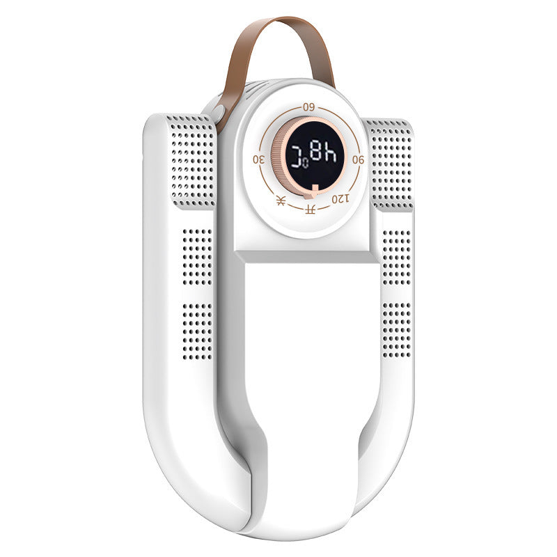 White folding shoe dryer with perforated vent panels and round digital temperature timer