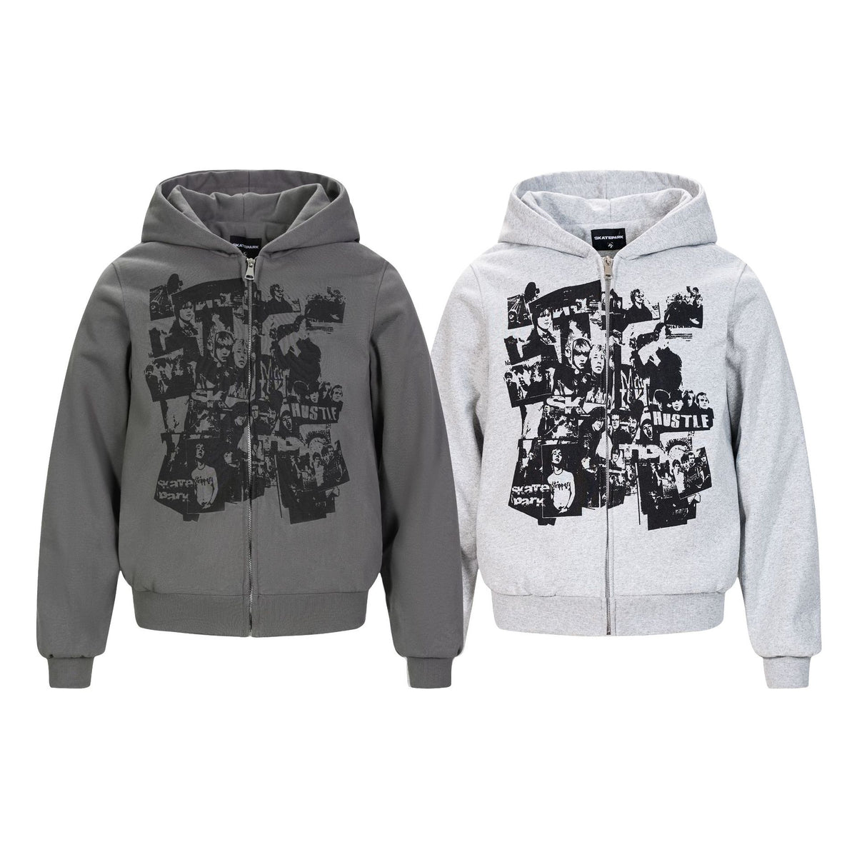 Set of two zip-up hoodies, dark and light gray with black collage graphics