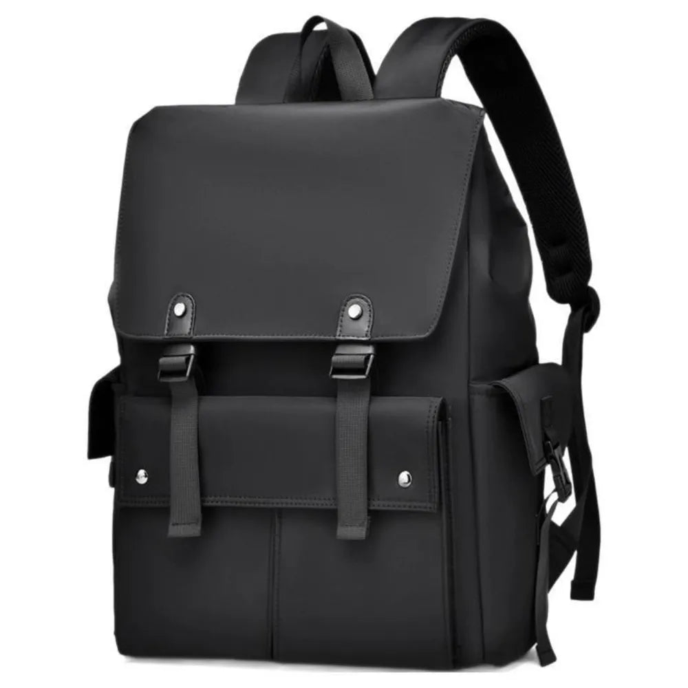 Black PU leather backpack with front flap, two buckled straps, and multiple front pockets