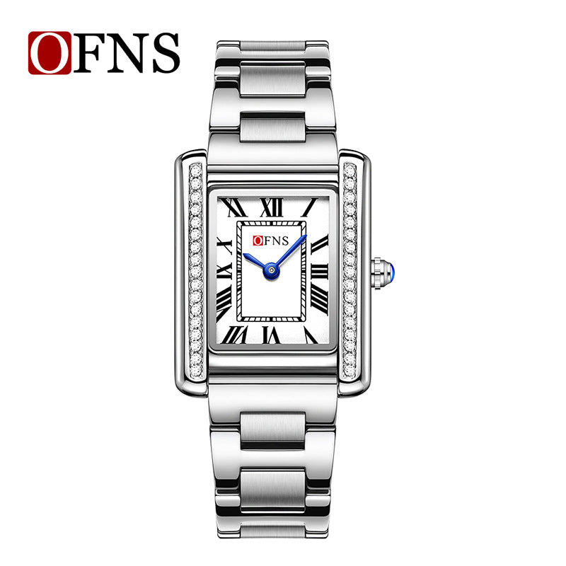Square Roman numeral quartz wristwatch with silver metal bracelet, stone bezel detail, light dial
