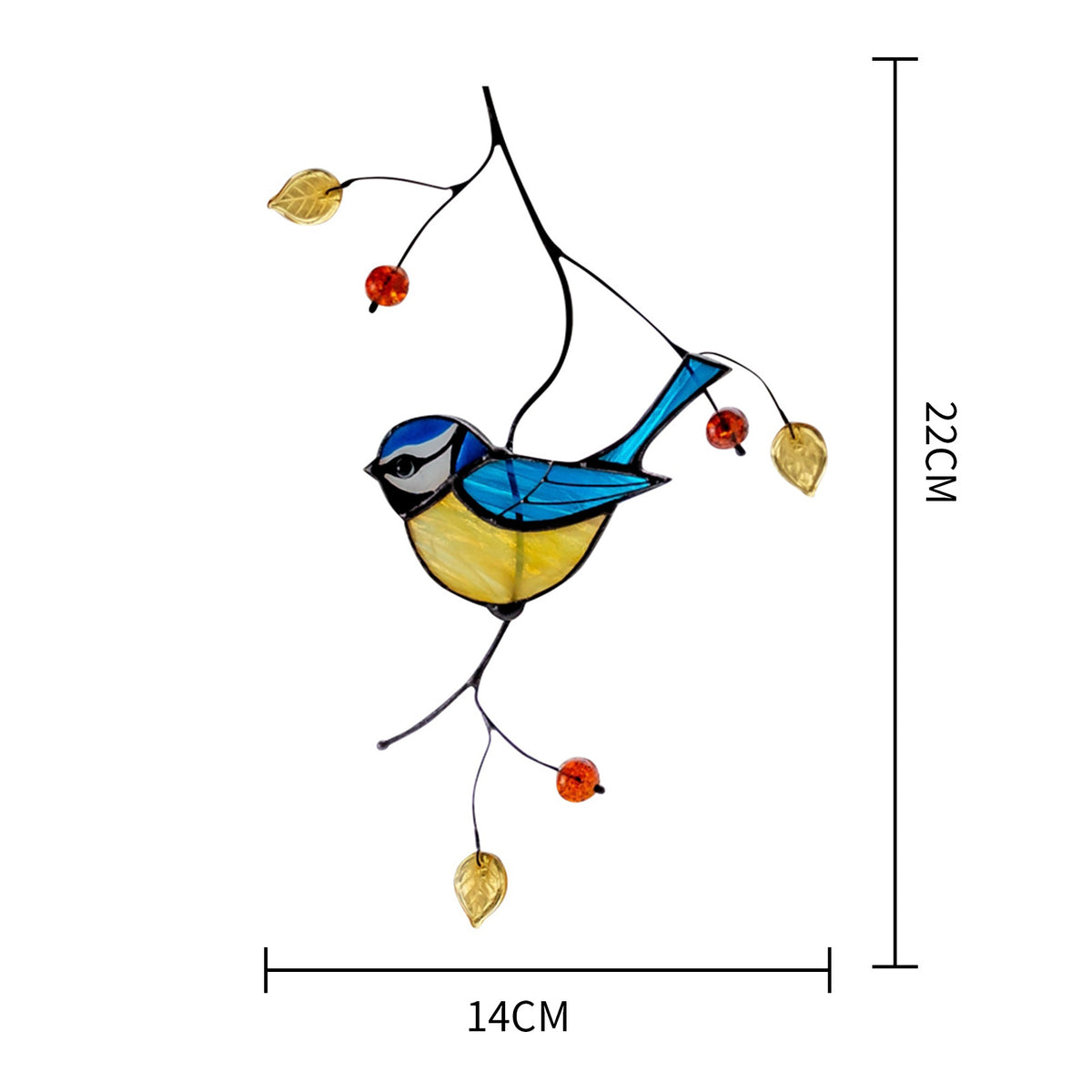 Cartoon bird wall sticker with yellow body and blue wing, 22 x 14 cm dangling branch