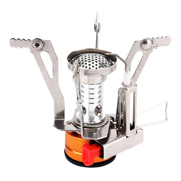 Portable mini camping stove with folding arms, stainless burner and orange base knob