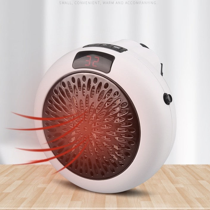 White circular portable electric heater with digital display and fan grille