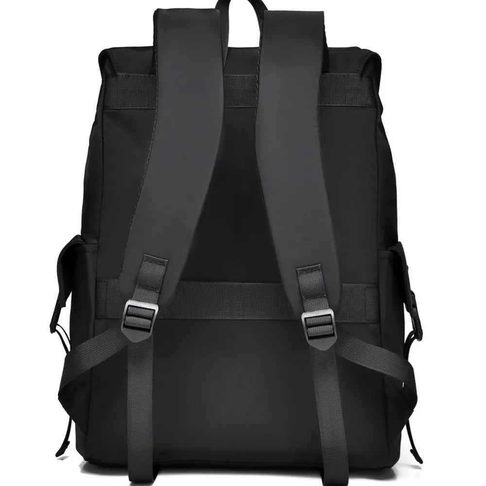 Black PU leather backpack rear view with two wide adjustable straps and back panel details