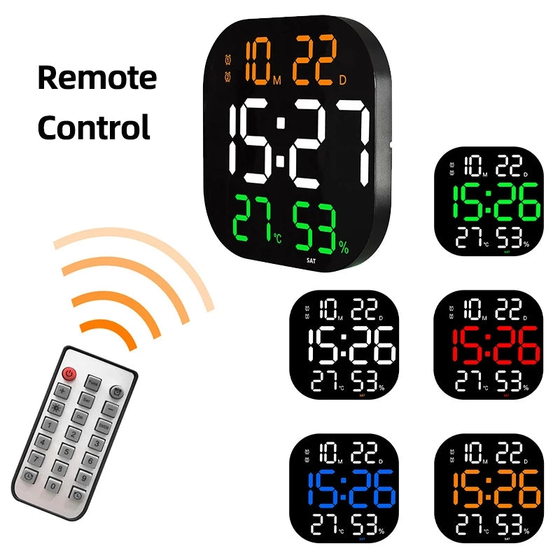 LED wall clock with orange time digits, green countdown, and remote control