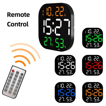 LED wall clock with orange time digits, green countdown, and remote control