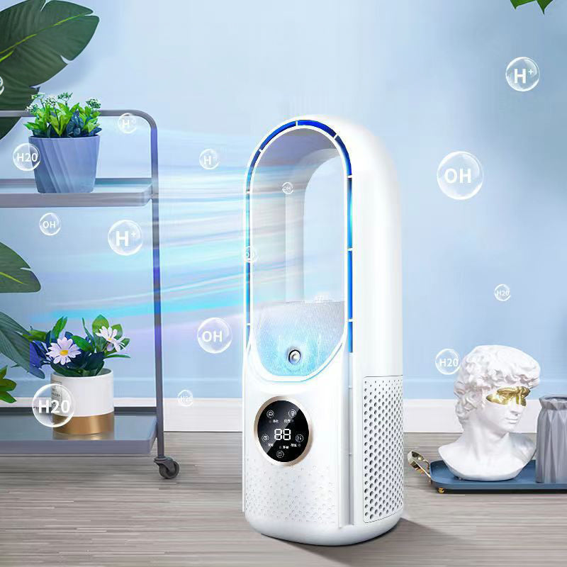 White tower air cooler fan with blue light ring and mist outlet, sleek black top