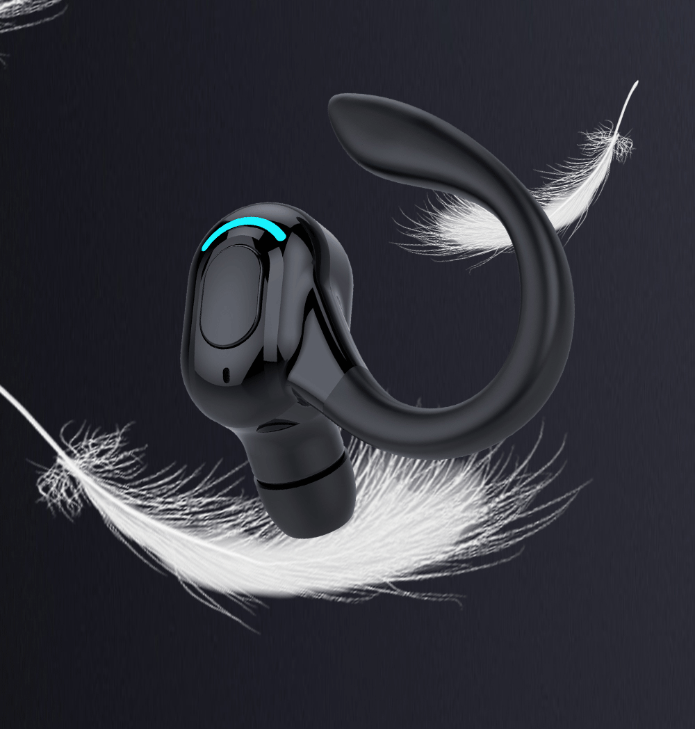 Black single-ear Bluetooth earphone with ear hook, shown with soft wear comfort