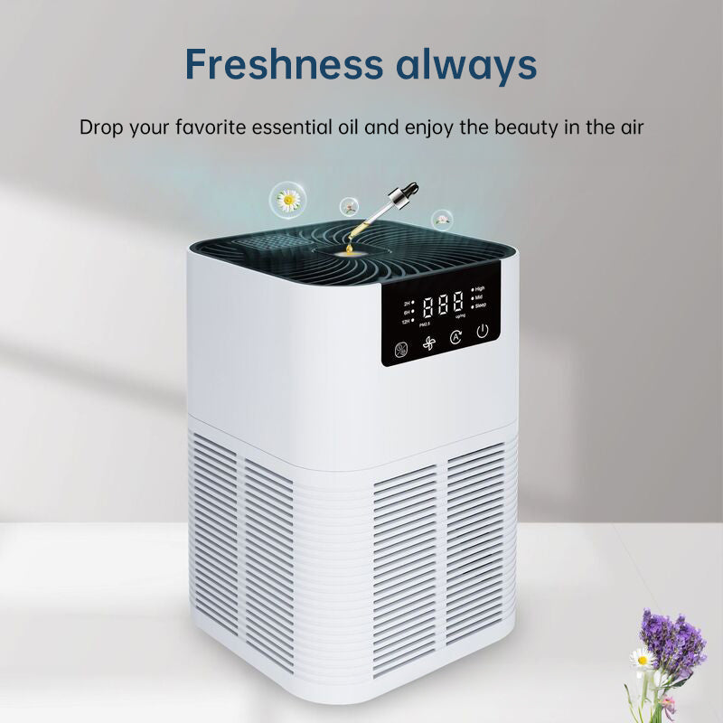 White desktop air purifier front view with top grille and side air intake vents