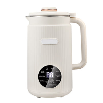 White electric soy milk maker jug with carry handle, lid, and round digital control panel.