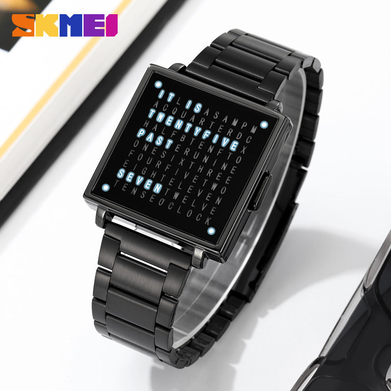 Black LED digital steel bracelet watch with square display and blue light marks