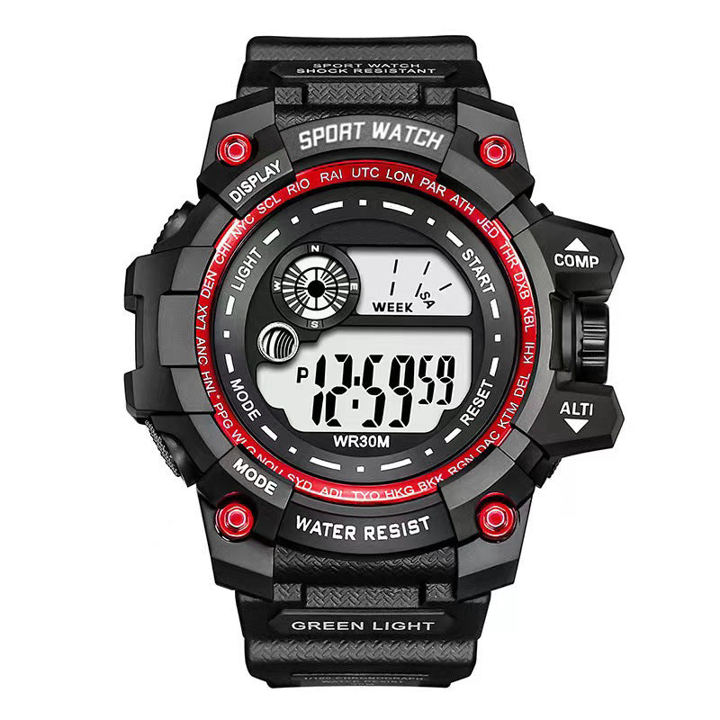 Black sporty digital student watch with red button accents, backlit display, green light