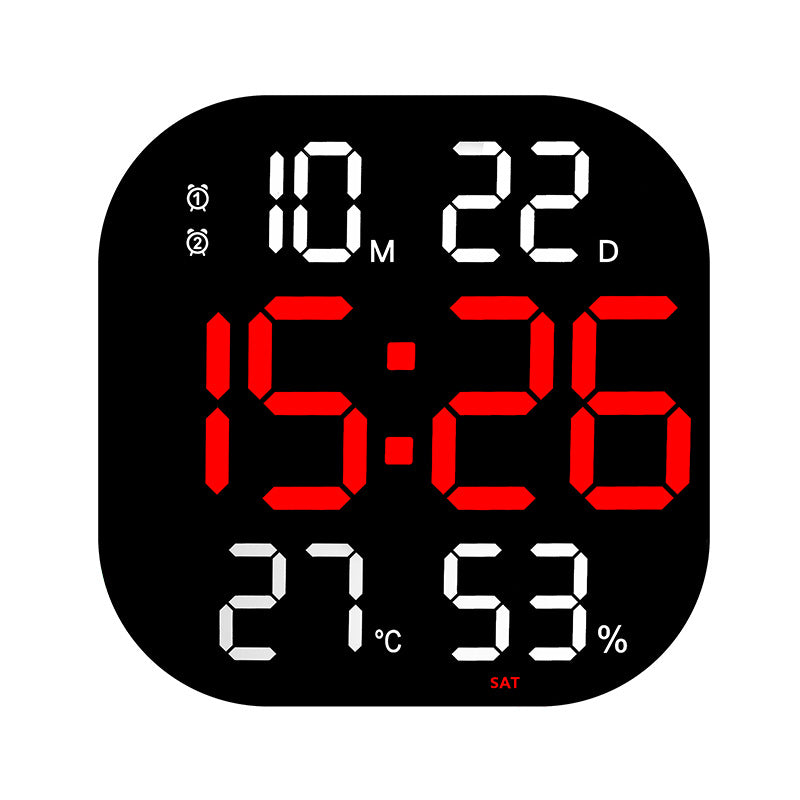 LED wall clock with orange time digits, green countdown, and remote control