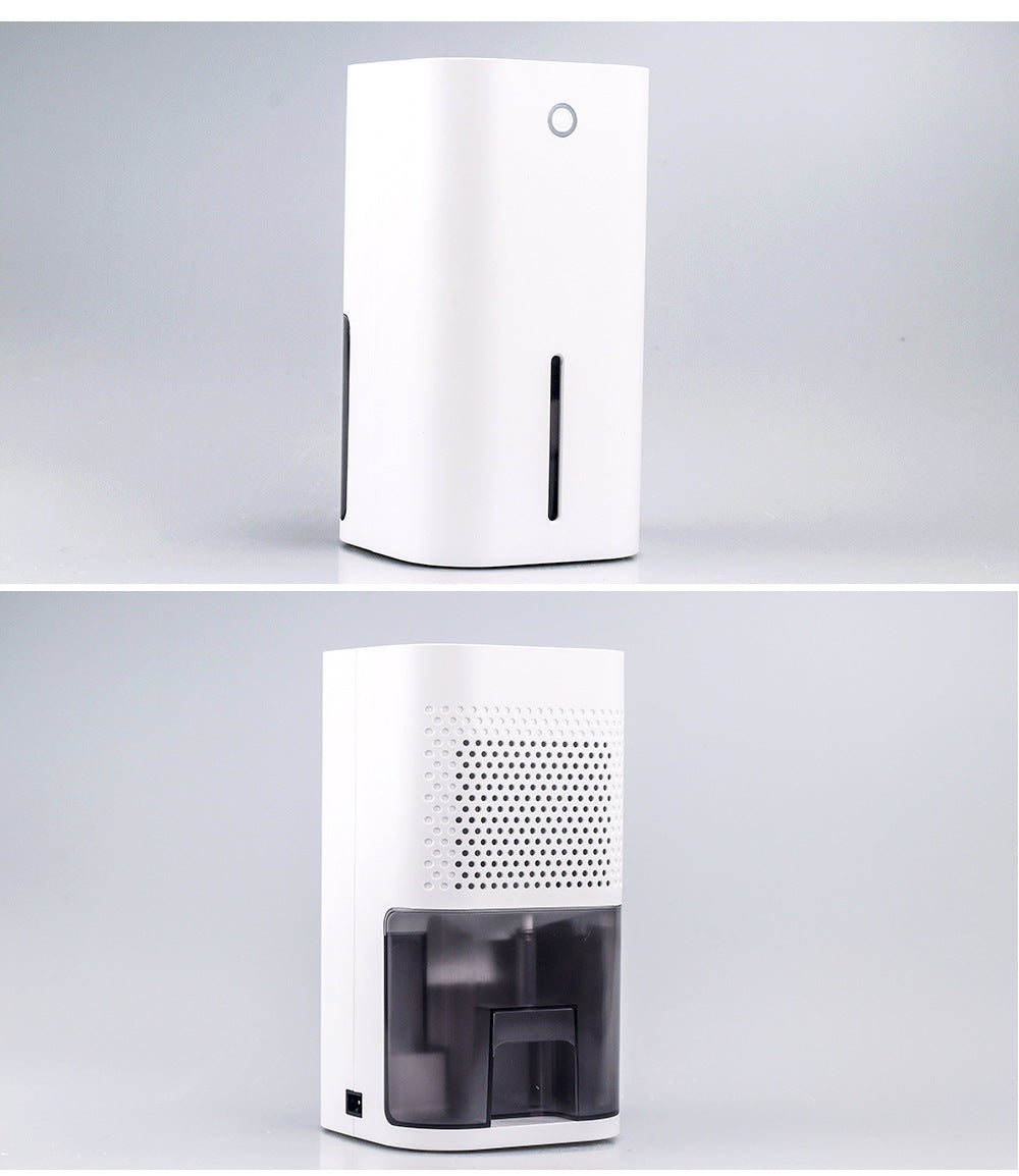 White mini electronic dehumidifier with top vent, power button, and water tank window