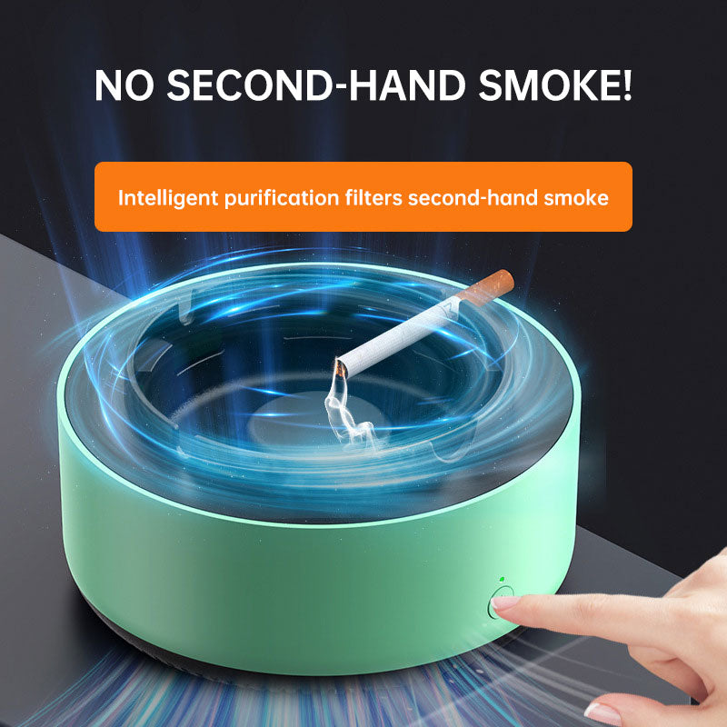 Green air purifier ashtray with glowing ring airflow and a cigarette on the tray