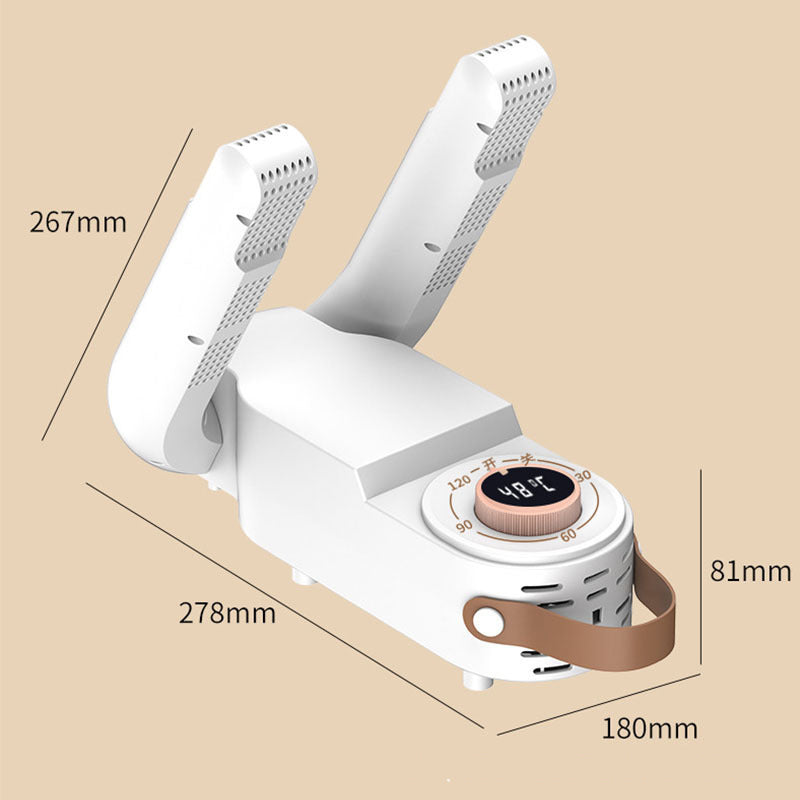 White shoe dryer with folded design and measurements; vented air channels and control dial