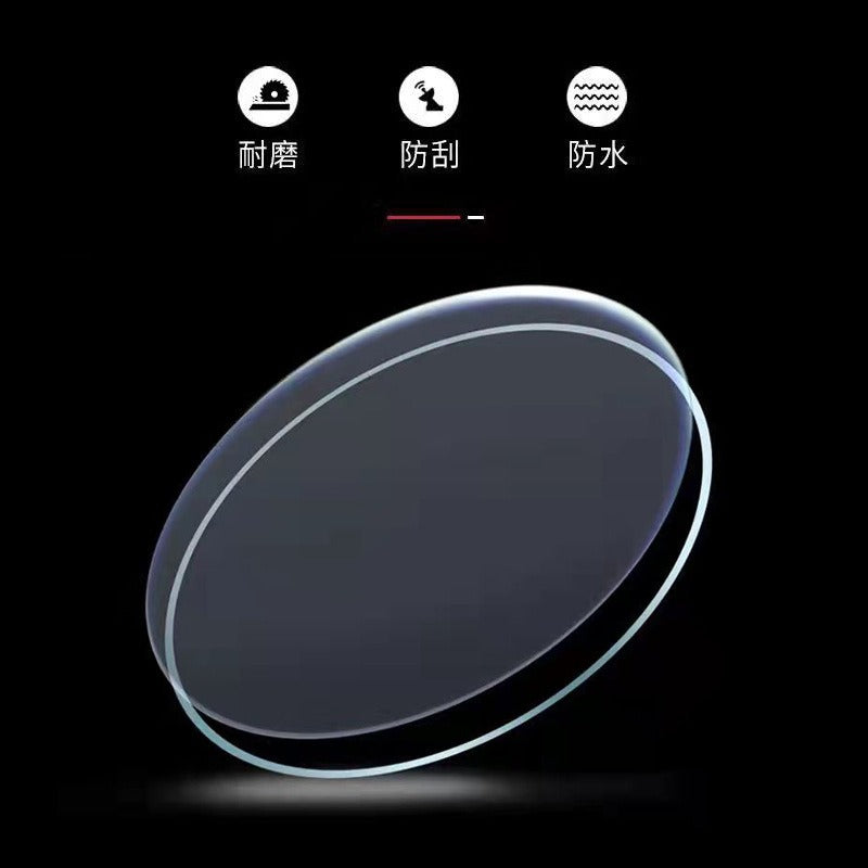 Protective watch crystal lens with bluish edge and scratch-resistant finish