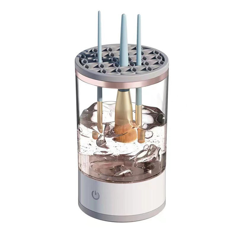 Electric makeup brush washer with clear container and brush-cleaning slots