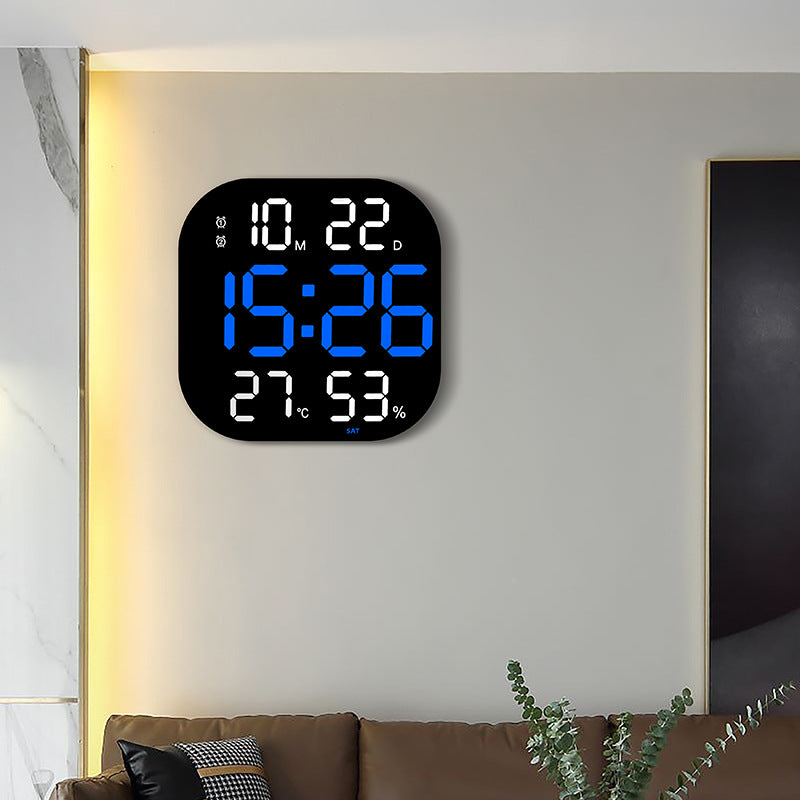 LED countdown wall clock, black face with blue digital numerals and percentage display