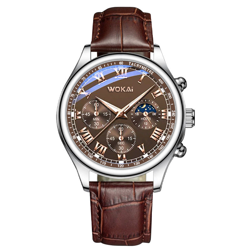 Men's quartz wristwatch, silver case, brown leather strap, three subdials