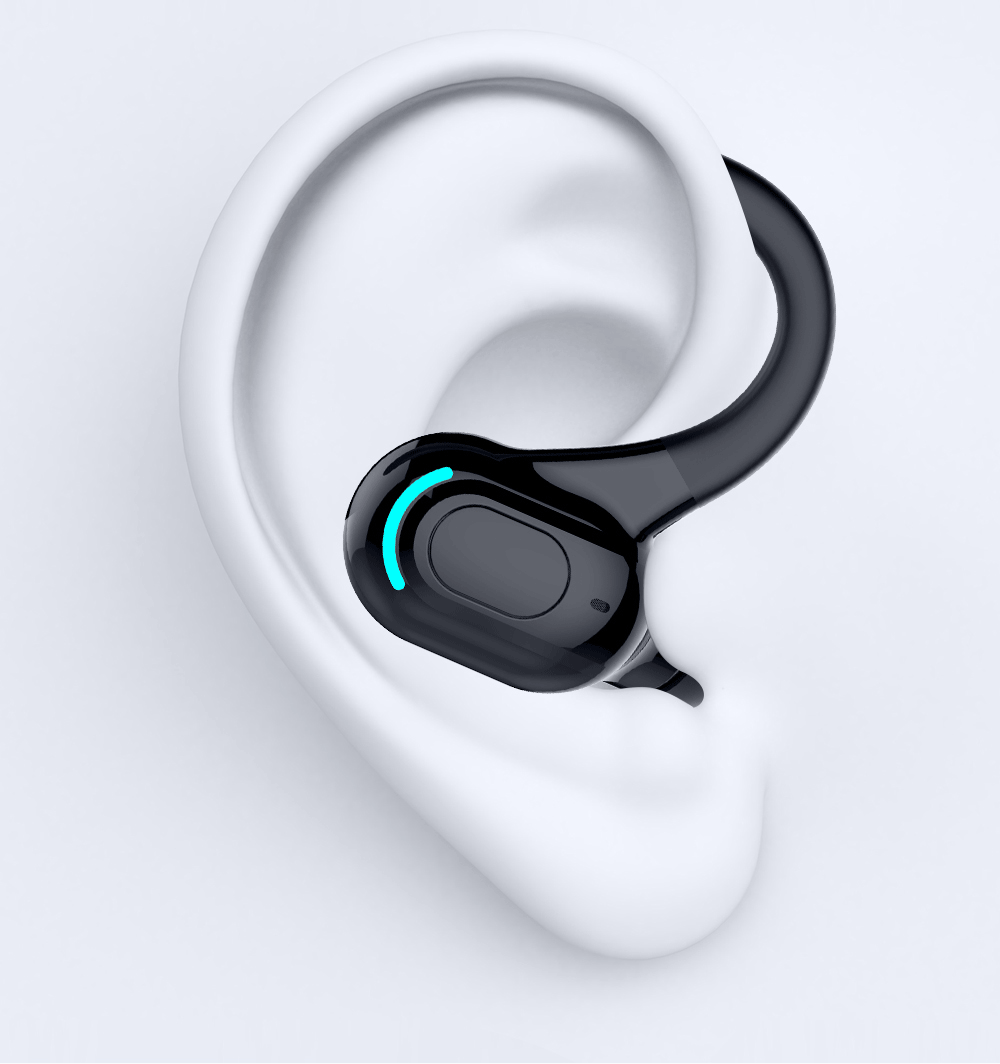 Black single-ear Bluetooth earphone, curved ear hook style with glowing ring