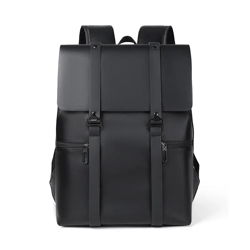 Black PU leather backpack with flap cover, twin front straps, and buckles