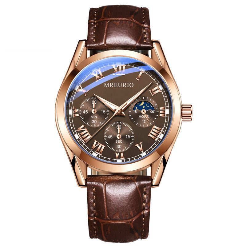 Men's quartz business watch with brown leather strap, rose-gold case, dark dial