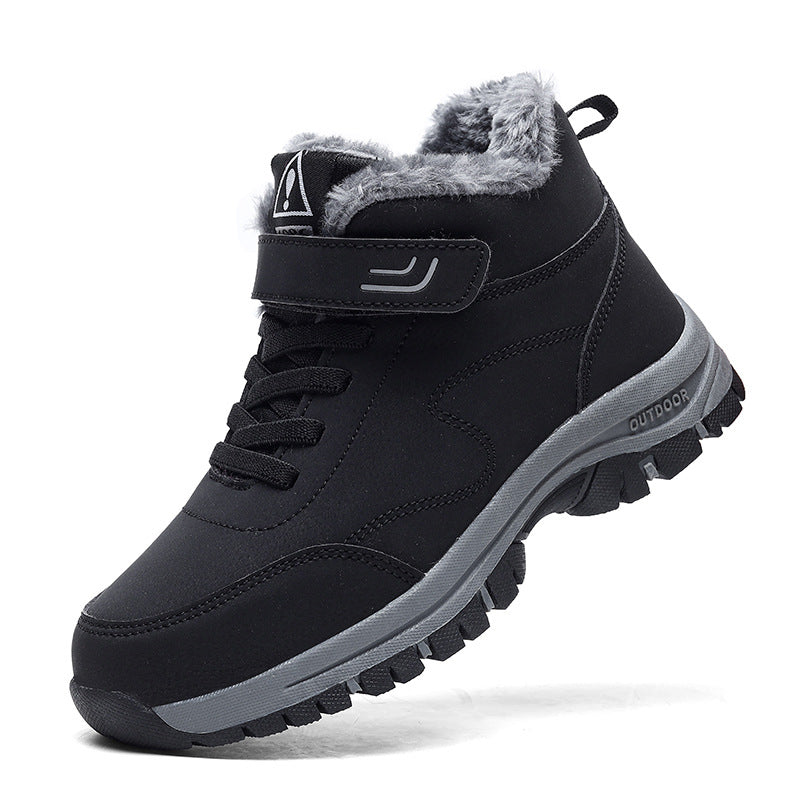 Black ankle snow boots with faux fur collar, lace-up front, rubber tread sole