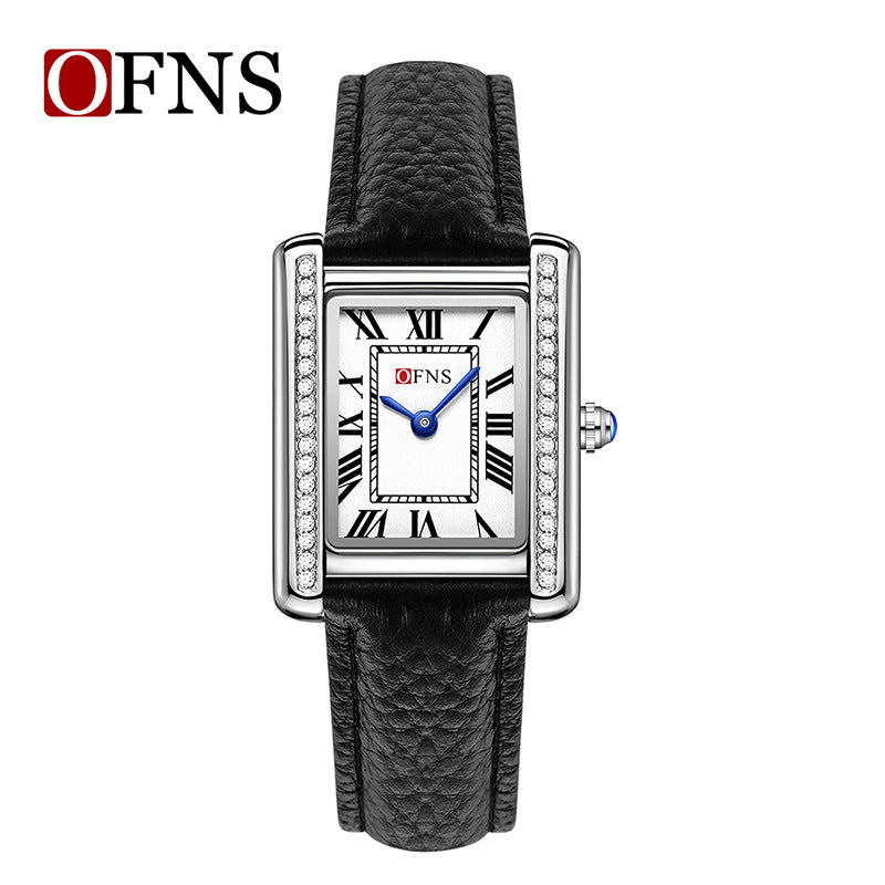 Square Roman numeral quartz wristwatch with black leather strap, silver bezel stones, light dial