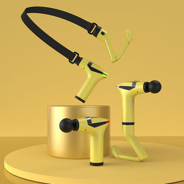 Fascia massage gun with pull strap, yellow body and black round massage head