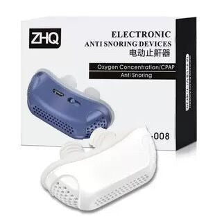 Blue and white electronic anti snoring devices shown with retail box packaging.