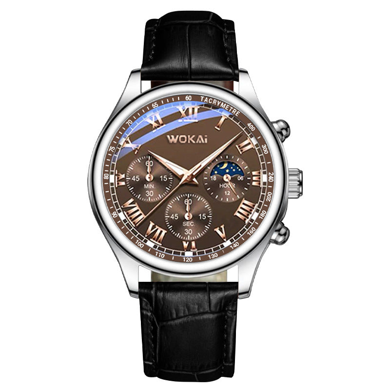 Men's quartz wristwatch, silver case, black leather strap, dark multi-dial face