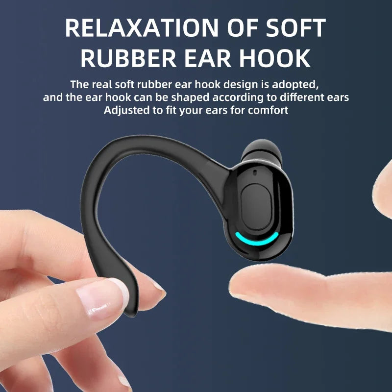 Black single-ear Bluetooth earphone with soft rubber ear hook and adjustable fit